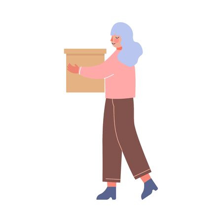 Young Woman Carrying Cardboard Box, Girl Moving to New Home Vector Illustrationのイラスト素材
