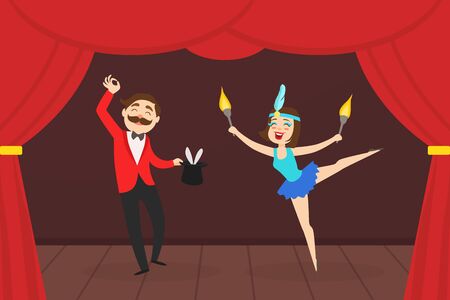 Magician and His Assistant Girl Performing on Stage, Magic show with Girl Doing Acrobatic Exercise Vector Illustrationのイラスト素材