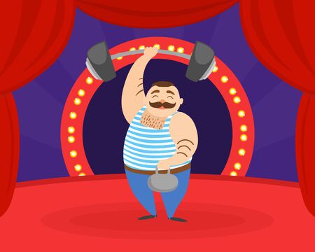 Strongman with Barbell in his Hand Performingon Stage at Circus Carnival Show Vector Illustrationのイラスト素材