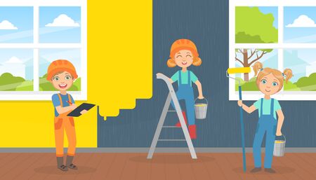 Cute Children Painters Painting Wall, Smiling Little Builders Making Professional Job Cartoon Vector Illustration.のイラスト素材