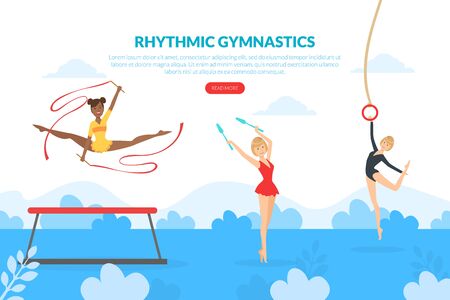 Rhythmic Gymnastics Landing Page Template, Professional Female Gymnasts Exercising in Gym, Athlete Girls Exercising with Sports Equipment, Web Page, Mobile App, Homepage Vector Illustrationのイラスト素材