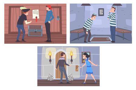 Escape Room Interiors Set, Reality Quest with People Trying to Seek Treasures and Looking for Escape Vector Illustrationのイラスト素材