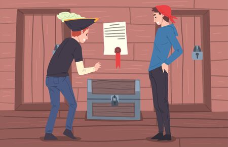 Escape Room Interior with People Trying to Seek Pirate Treasures, Entertainment, Investigation Game Concept Vector Illustrationのイラスト素材