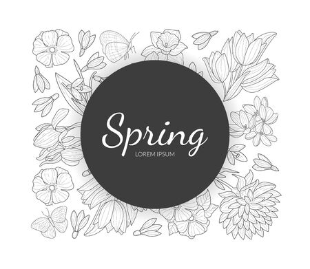 Spring Banner Template with Wild Flowers and Leaves Pattern Hand Drawn Vector Illustrationのイラスト素材