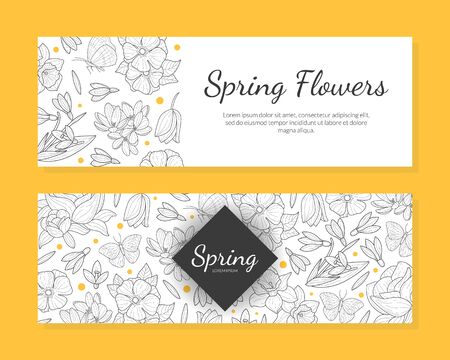 Spring Flowers Banner Templates Set, Save the Date, Wedding Invitation, Congratulation Card, Boutique with Hand Drawn Wild Plants and Leaves Vector Illustrationのイラスト素材