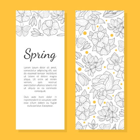 Spring Flowers Card Template, Save the Date, Wedding Invitation, Congratulation Card, Boutique with Hand Drawn Wild Plants, Leaves and Space for Text Vector Illustrationのイラスト素材