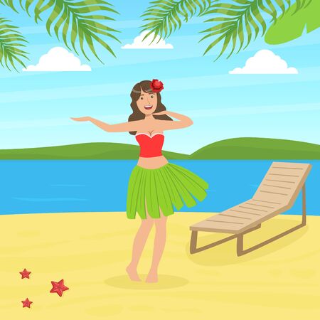 Hawaiian Young Woman in Traditional Skirt of Leaves Dancing on Tropical Beach Vector Illustrationのイラスト素材
