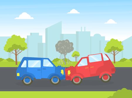 Car Accident, Two Cars Crashing on Highway Vector Illustrationのイラスト素材