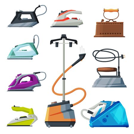 Modern and Old Irons and Cloth Steamer Collection, Household Appliances, Electric Ironing Clothes Devices Vector Illustrationのイラスト素材