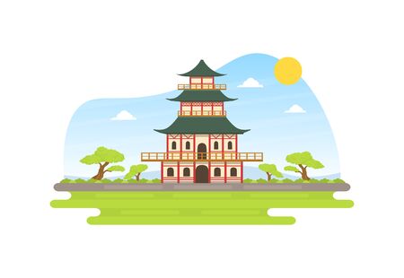 Japanese Pagoda at Spring Natural Landscape, Asian Temple Vector Illustrationのイラスト素材