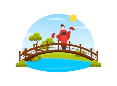 Japanese Girl in Traditional Kimono Dress Standing on Wooden Bridge Vector Illustrationのイラスト素材