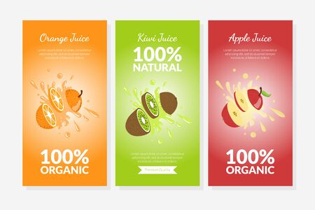 Orange, Kiwi and Apple Juice Vertical Banner Templates Set, Fruit Labels in Juice Splashes Vector Illustrationのイラスト素材