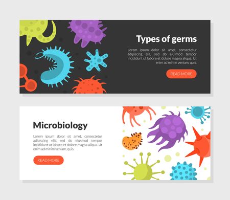 Types of Germs, Microbiology Landing Page Template, Pathogen, Bacteria, Microorganism, Medical, Hygienic, Science Website Vector Illustrationのイラスト素材