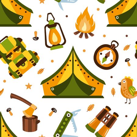 Camping Seamless Pattern with Hiking Equipment, Summer Adventures Design Element Can Be Used for Wallpaper, Packaging, Background Cartoon Vector Illustrationのイラスト素材