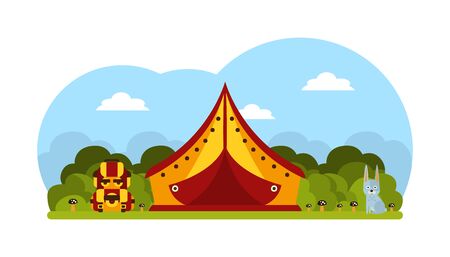 Summer Camping in Forest, Tent, Rabbit and Backpack on Beautiful Landscape, Hiking, Trekking on Nature Cartoon Vector Illustrationのイラスト素材