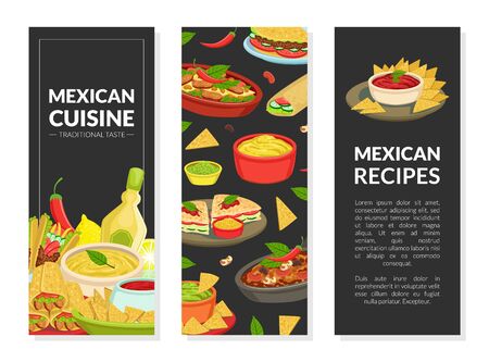 Mexican Cuisine Recipes Vertical Banners Set with Traditional Tasty Dishes and Space for Text, Takeaway Meal, Restaurant, Cafe, Food Menu Flyer, Brochure Vector Illustrationのイラスト素材