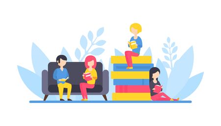 People Reading Books, Tiny Girl Sitting on Pile of Books, Students Relaxing and Reading Together Flat Vector Illustrationのイラスト素材