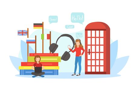 Learning Foreign Languages, Online Education, Language School or Courses Vector Illustrationのイラスト素材