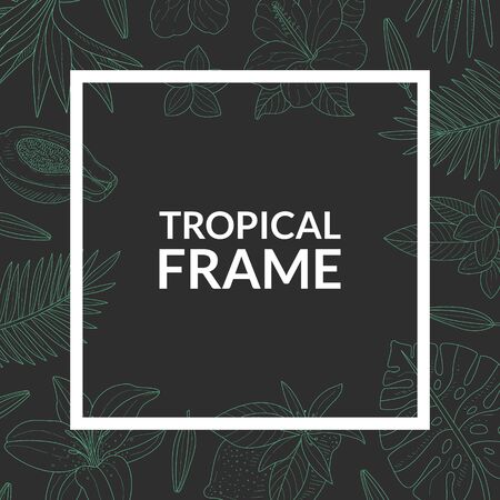 Tropical Banner Template, Square Frame with Exotic Dark Green Leaves Pattern Vector Illustrationのイラスト素材