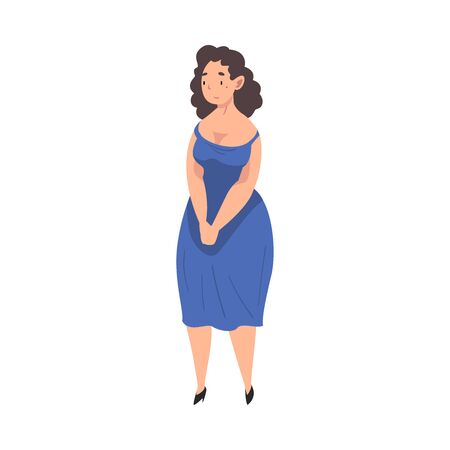 Plump Young Woman Standing at Bus Stop, Passenger Spending Time in Expectation Cartoon Vector Illustrationのイラスト素材