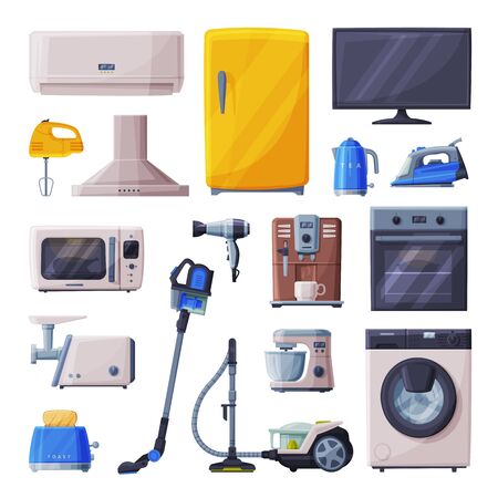 Household Appliances Set, Air Conditioner, Toaster, Vacuum Cleaner, Television, , Coffee Machine, Microwave Oven, Meat Grinder, Food Mixer Flat Style Vector Illustrationのイラスト素材