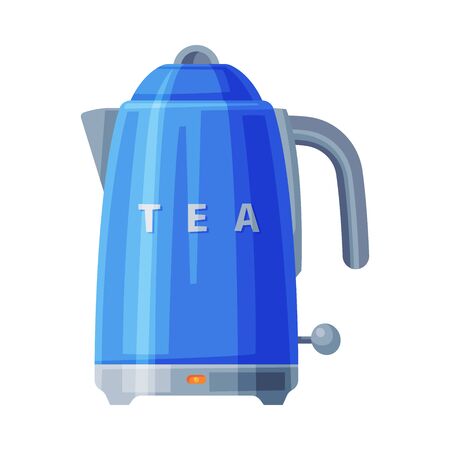 Blue Electric Kettle, Household Kitchen Appliance Flat Style Vector Illustration on White Backgroundのイラスト素材