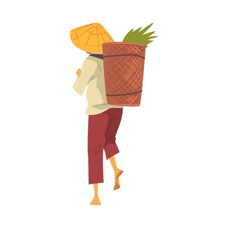 Asian Farmer in Straw Conical Hat Carrying Wicker Basket with Crop, Cartoon Style Vector Illustration on White Backgroundのイラスト素材