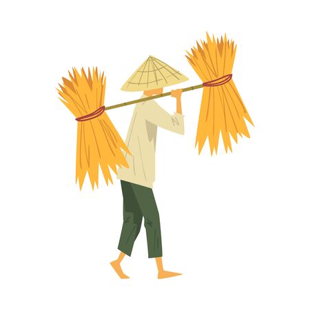 Asian Farmer in Straw Conical Hat Carrying Long Pole with Yields Rice Harvest on his Shoulders Cartoon Style Vector Illustrationのイラスト素材