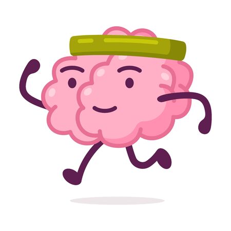 Sportive Pink Brain Jogging, Funny Human Nervous System Organ Cartoon Character Vector Illustration on White Backgroundのイラスト素材
