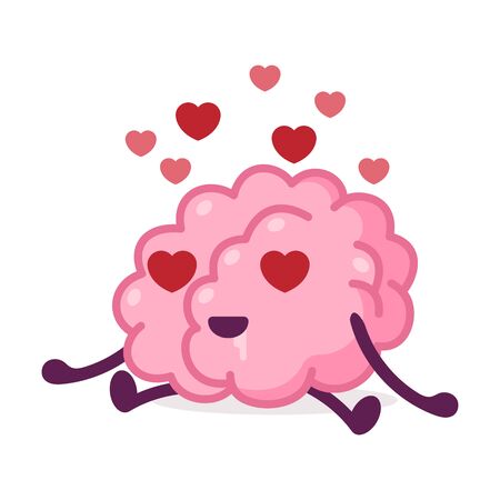 Romantic Pink Brain with Heart Shaped Eyes, Funny Human Nervous System Organ Cartoon Character Vector Illustration on White Backgroundのイラスト素材