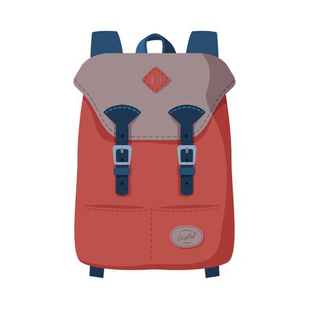 Brown Backpack, Front View of Travel Bag for Backpacking Flat Style Vector Illustration on White Backgroundのイラスト素材