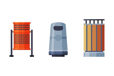 Trash Bins Collection, Urban Infrastructure Design Element, Flat Style Vector Illustration on White Backgroundのイラスト素材