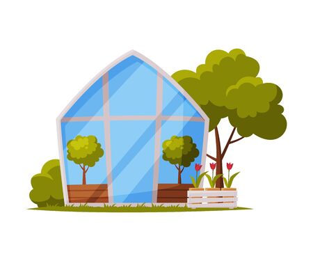 Greenhouse with Glass Walls and Plant Growing in Pots Flat Style Vector Illustration on White Backgroundのイラスト素材