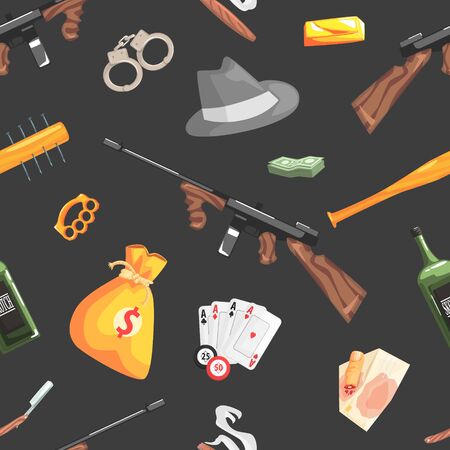 Mafia and Gangsters Vintage Objects Seamless Pattern, Design Element Can Be Used for Wrapping Paper, Website, Wallpaper, Background Vector illustrationのイラスト素材
