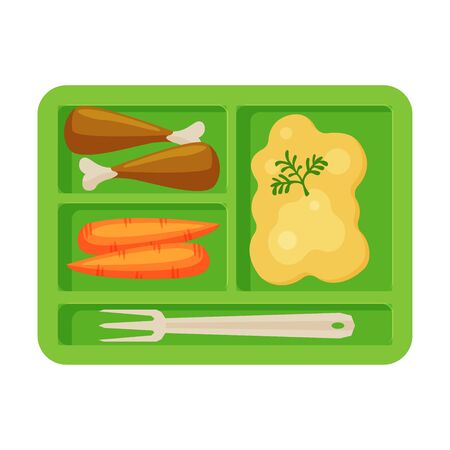 Meal Tray Filled with Mashed Potato, Chicken Drumsticks and Carrots, Healthy Food For Kids And Students, View from Above Flat Vector Illustrationのイラスト素材