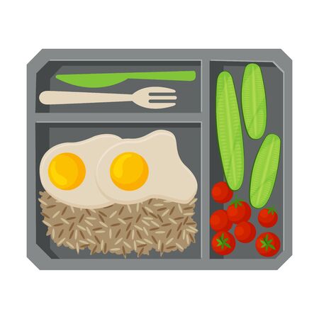 Meal Tray Filled with Fried Egg, Rice and Vegetables, Healthy Food For Kids And Students, View from Above Flat Vector Illustrationのイラスト素材
