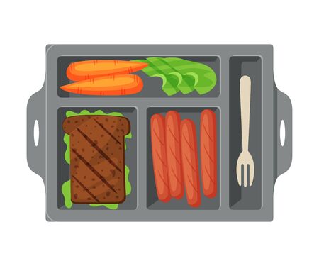 Meal Tray Filled with Sandwich, Sausages and Vegetables, Healthy Food For Kids And Students, View from Above Flat Vector Illustrationのイラスト素材