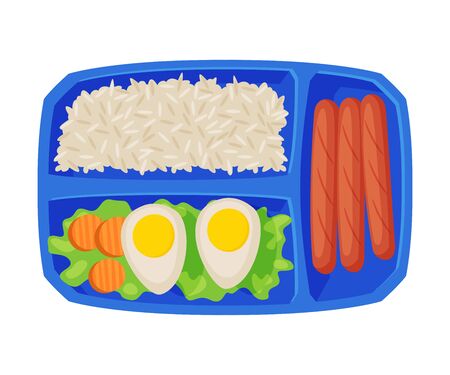 Meal Tray Filled with Egg, Rice and Sausages, Healthy Food For Kids And Students, View from Above Flat Vector Illustrationのイラスト素材