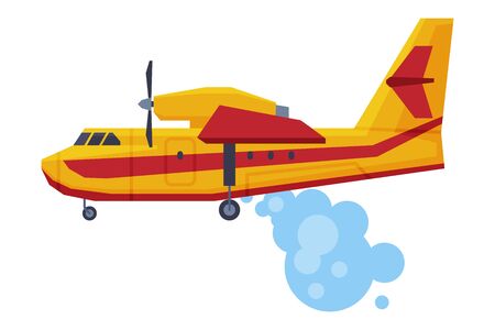 Retro Firefighting Aircraft Dropping Water, Emergency Service Rescue Vehicle Flat Style Vector Illustration on White Backgroundのイラスト素材