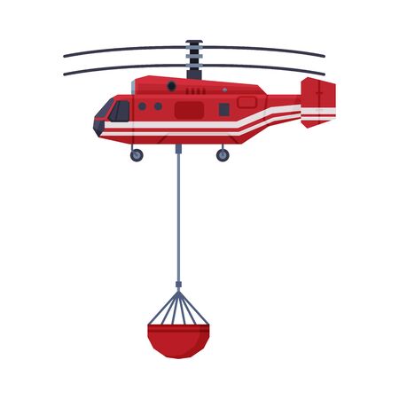 Firefighting Helicopter Carrying Bucket full of Water, Emergency Service Vehicle Flat Style Vector Illustration on White Backgroundのイラスト素材