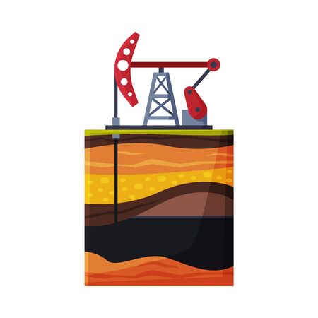 Oil Pump Jack Pumping Oil out of Borehole, Oil Industry Production Equipment Flat Style Vector Illustration on White Backgroundのイラスト素材