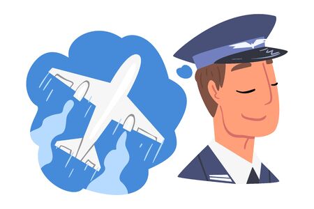 Young Man Dreaming about of Airplane Flights, Human Thoughts and Needs Cartoon Style Vector Illustration on White Backgroundのイラスト素材