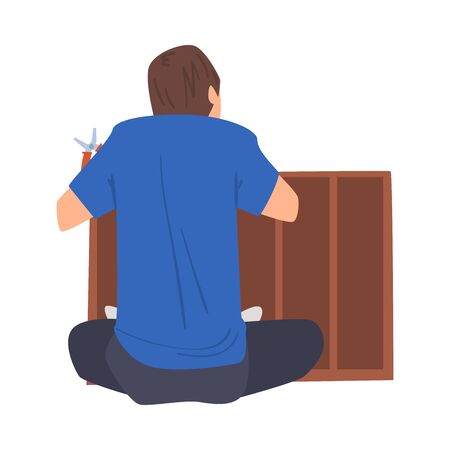 Man Assembling and Installing New Furniture, Home Renovation, Male Construction Worker Character with Professional Equipment Vector Illustrationのイラスト素材