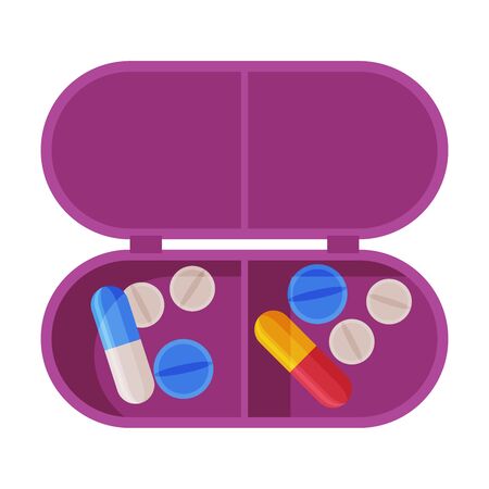 Pill Box Organizer, Pills and Capsules in Plastic Container Flat Style Vector Illustration Isolated on White Background.のイラスト素材