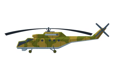 Military Camouflage Helicopter, Heavy Special Vehicle, War Transport Flat Vector Illustration Isolated in White Background.のイラスト素材