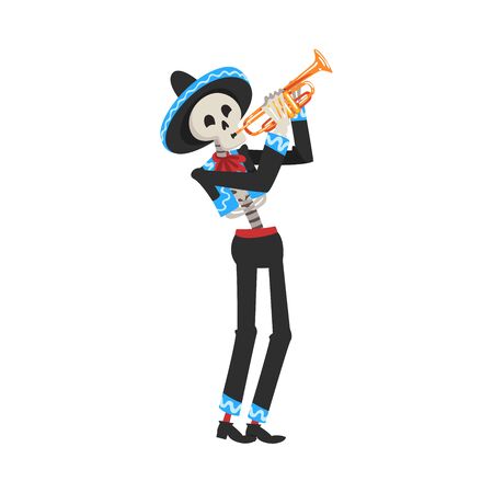 Male Skeleton in Mexican National Costume and Sombrero Hat Playing Trumpet, Day of the Dead Dia de los Muertos Concept Vector Illustrationのイラスト素材
