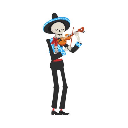 Male Skeleton in Mexican National Costume and Sombrero Hat Playing Violin, Day of the Dead Dia de los Muertos Concept Vector Illustrationのイラスト素材