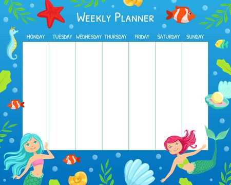 Weekly Calendar Planner with Cute Little Mermaid in Aquatic Nature Vector Illustrationのイラスト素材