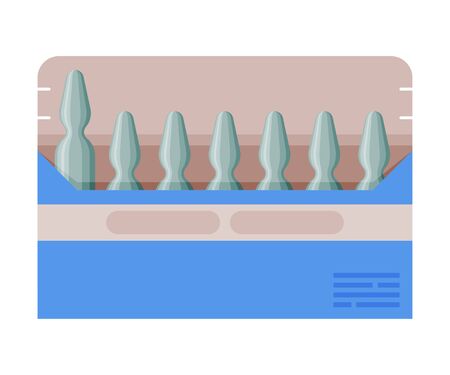 Glass Ampoules in Cardboard Box, Pharmaceutical Product, Medical Prescription Packaging Flat Style Vector Illustrationのイラスト素材
