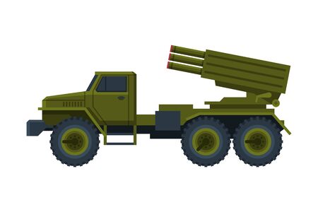 Multiple Rocket Launcher, Military Truck with Intercontinental Ballistic Rocket Flat Vector Illustrationのイラスト素材